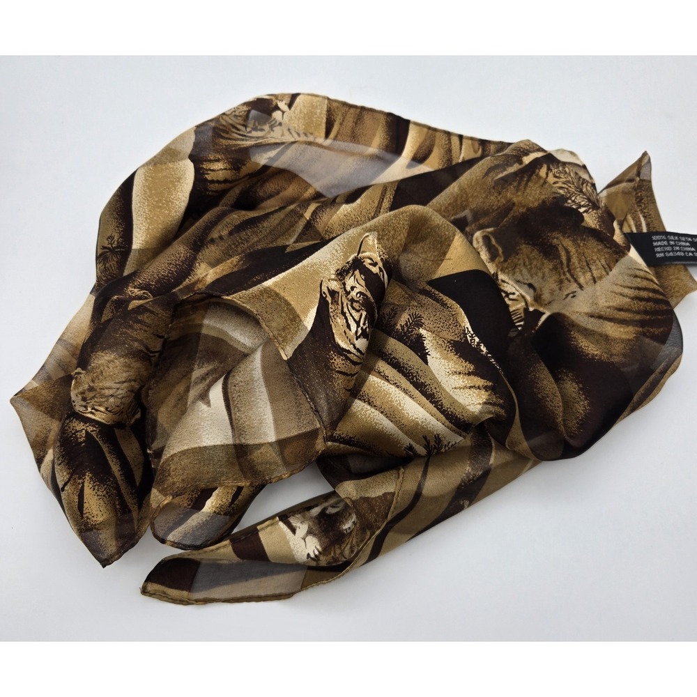 Sheer Silk Scarf Tiger Print‎ Brown Beige Wildlife Animal Pattern Long 14×55